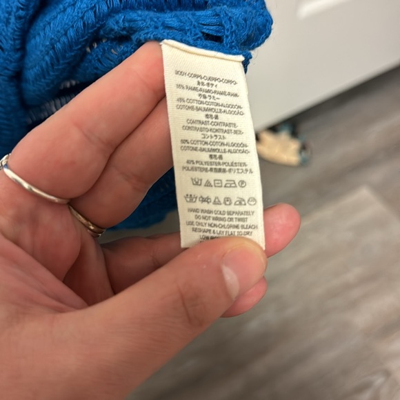 Free People royal blue crocheted sheer short sleeve sweater top ruffle S - Picture 6 of 7